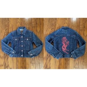 Crest Denim Jacket Womens Small Blue Red Stitch Horse Graphic‎ Y2K Moto